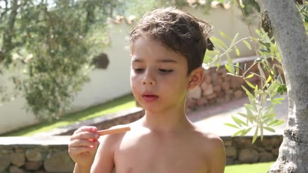 Kind Mit Südamerikanischen Zügen Isst Eislutscher Heimischen Garten — Stockvideo