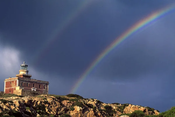 Old Building Mountain Rainbow Sky — Stock Photo, Image