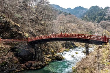 Nikko Red Shinto köprüsü Japonya 'nın el değmemiş suları üzerinde. Yüksek kalite fotoğraf