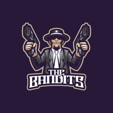 Haydutların maskot logosu modern illüstrasyon tarzı rozet, amblem ve tişört baskısı. Ellerinde silahlarla haydutların resimleri..