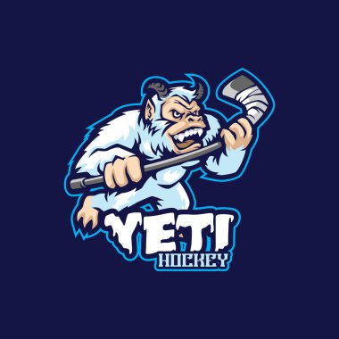 Rozet, amblem ve t-shirt baskısı için modern illüstrasyon konsepti tarzına sahip Yeti maskot logosu tasarım vektörü. Spor ve esport takımı için Yeti hokey illüstrasyonu.