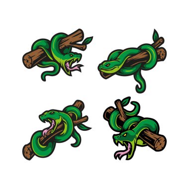 Rozet, amblem ve t-shirt baskısı için modern illüstrasyon konsepti olan yılan maskotu logo tasarımı vektörü. Yılan paketi resimlemesi.