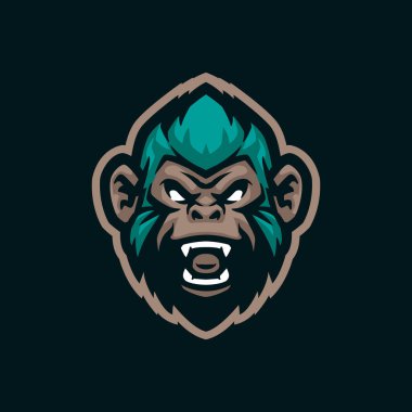 Rozet, amblem ve t-shirt baskısı için modern illüstrasyon konsepti olan maymun maskotu logosu tasarımı. Baş maymun çizimi.