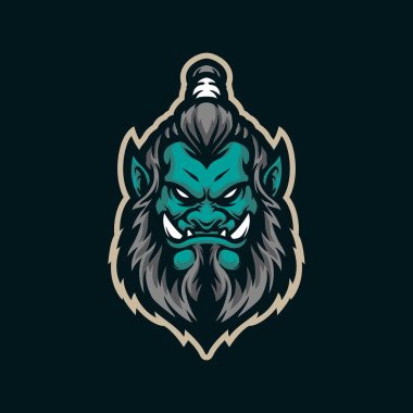 Rozet, amblem ve t-shirt baskısı için modern illüstrasyon konsepti olan Ork maskot logosu tasarımı. Ork baş illüstrasyonu.