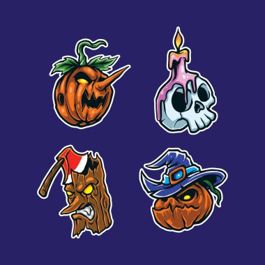 Rozet, amblem ve t-shirt baskısı için modern illüstrasyon konsepti olan Cadılar Bayramı maskot logosu tasarımı vektörü. Cadılar Bayramı etiket çizimi.