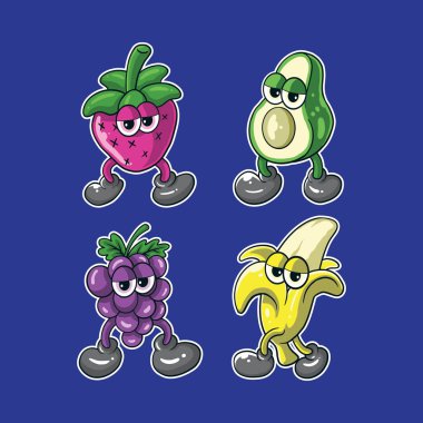 Rozet, amblem ve t-shirt baskısı için modern illüstrasyon konsepti olan meyve maskotu logosu tasarımı. Meyve etiketi resimlemesi.