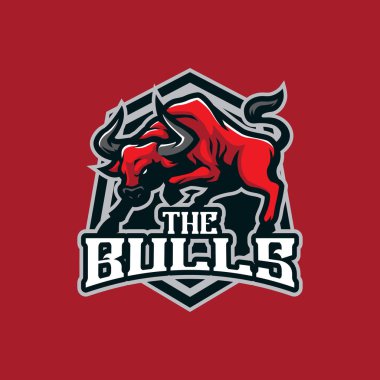 Rozet, amblem ve t-shirt baskısı için modern illüstrasyon konseptine sahip boğa maskotu logosu tasarımı vektörü. Kızgın boğa illüstrasyonu.