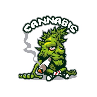 Rozet, amblem ve t-shirt baskısı için modern illüstrasyon konsepti olan kenevir maskot logosu tasarımı vektörü. Elinde sigarayla kenevir illüstrasyonu.