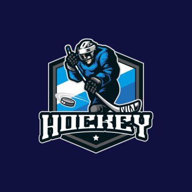 Rozet, amblem ve t-shirt baskısı için modern illüstrasyon konsepti olan hokey maskotu logo tasarım vektörü. Hokey oyunu illüstrasyonu.