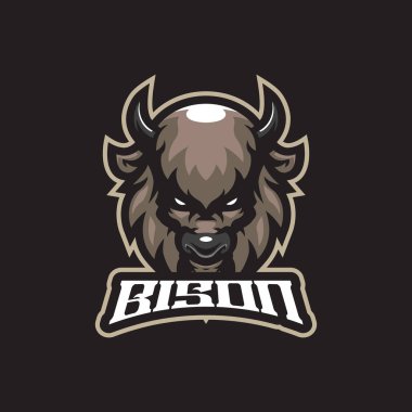 Bizon maskotu logo tasarımı vektörü. Rozet, amblem ve t-shirt baskısı için modern illüstrasyon konsepti. Bizon spor ve esport takımı için baş illüstrasyon.