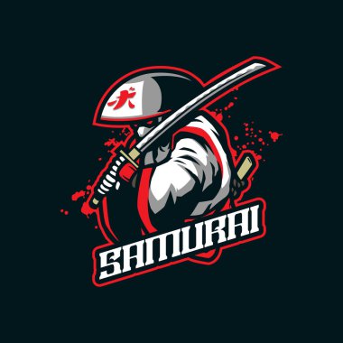 Samuray maskot logosu tasarımı vektörü. Rozet, amblem ve t-shirt baskısı için modern illüstrasyon konsepti. Spor ve esport takımı için Samuray illüstrasyonu.