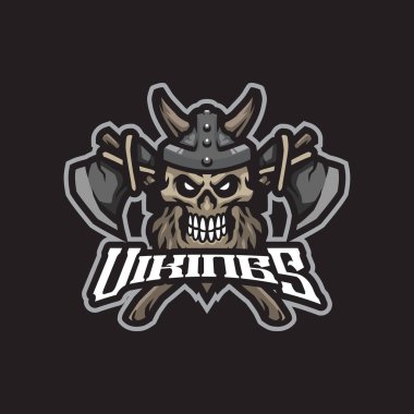 Rozet, amblem ve t-shirt baskısı için modern illüstrasyon konsepti olan Vikings maskot logo tasarım vektörü. Skull Vikings spor ve esport takımı için resimleme.