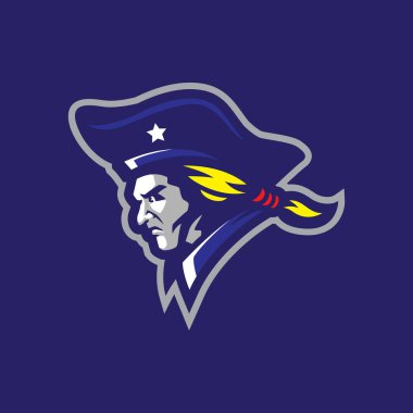Rozet, amblem ve t-shirt baskısı için modern illüstrasyon konsepti olan Patriot maskot logosu tasarımı. Vatansever baş illüstrasyon.
