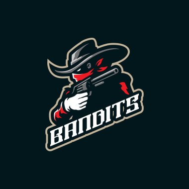 Haydutlar maskot logosu tasarımı vektörü. Rozet, amblem ve t-shirt baskısı için modern illüstrasyon konsepti. Ellerinde silahlarla haydutların resimleri..