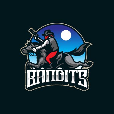 Haydutlar maskot logosu tasarımı vektörü. Rozet, amblem ve t-shirt baskısı için modern illüstrasyon konsepti. Haydutlar ve at resimleri.