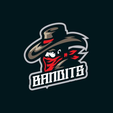 Rozet, amblem ve tişört baskısı için konsept stili eşkıya maskot logosu tasarımı. Haydutlar baş resimleme.