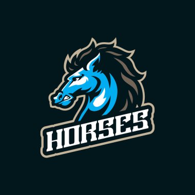 Rozet, amblem ve tişört baskısı için konsept stili at maskotu logosu tasarımı. Atların baş illüstrasyonu.