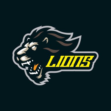 Aslan maskotu logosu. Rozet, amblem ve tişört baskısı için konsept stili. Aslan başı illüstrasyonu.