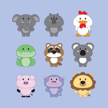 Hayvanlar için maskot tasarımı. Sevimli hayvanlar için vektör paketi.