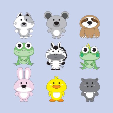 Hayvanlar için maskot tasarımı. Sevimli hayvanlar için vektör paketi.