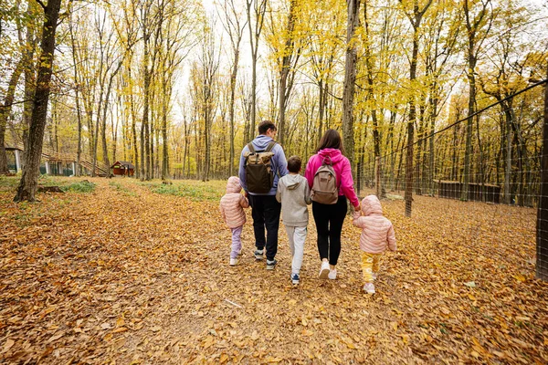 stock image Back of family with kids on a walk in autumn forest.