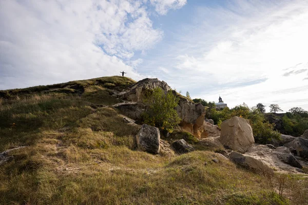 Boy Top Limestone Stones Mountain Pidkamin Ukraine — Stock Photo, Image