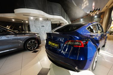 Lviv, Ukrayna - 09 Ekim 2022: Tesla Model Y Long Range İkili Motoru.