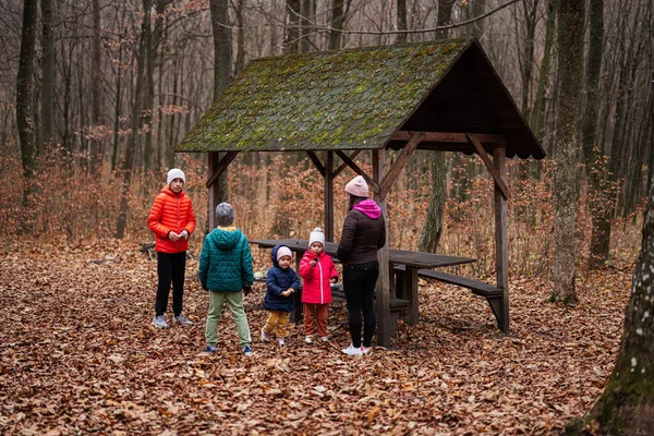 母亲和孩子们在秋天的森林里休息 有屋顶遮蔽处和野餐桌 — 图库照片