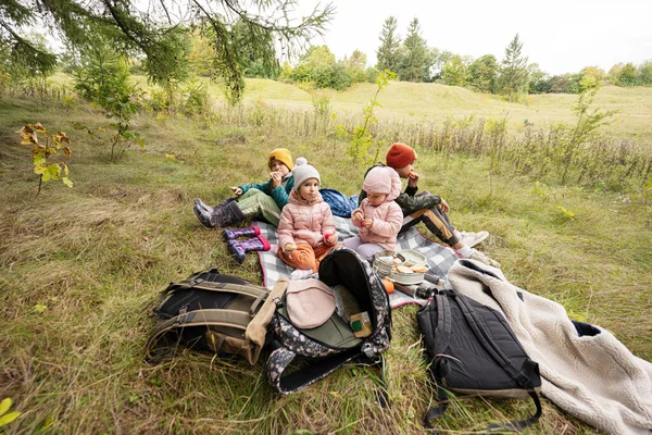 stock image Picnic in autumn park. Four kids eat in the forest, while sitting on blanket.