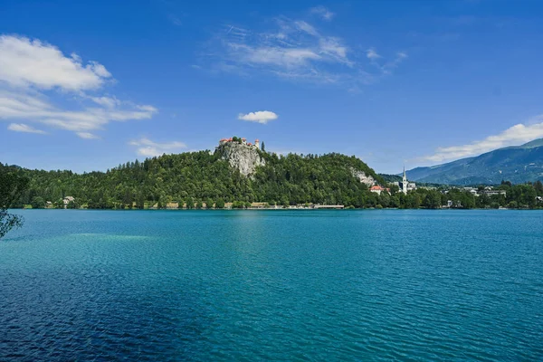 Vista Belo Castelo Bled Com Lago Bled Eslovênia — Fotografia de Stock