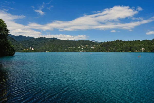 Озеро Бледі Церквою Марії Успіння Маленькому Острові Словенія — стокове фото