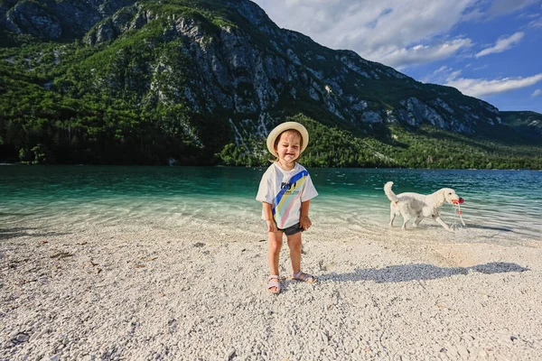 Menina Com Cão Contra Lago Bohinj Maior Lago Eslovénia Parte — Fotografia de Stock