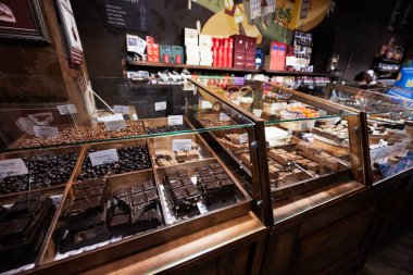 Ternopil, Ukraine - February 10, 2023: Sweets on display in the chocolate workshop.