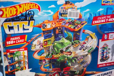 Ternopil, Ukraine - February, 2023: Box of Hot Wheels City Ultimate Garage.