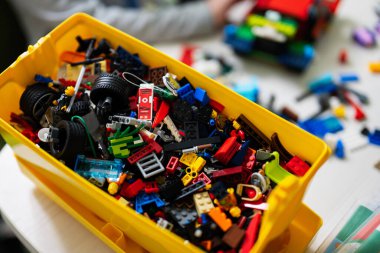 Ternopil, Ukraine - February, 2023: Box with constructing Lego Classic at home.