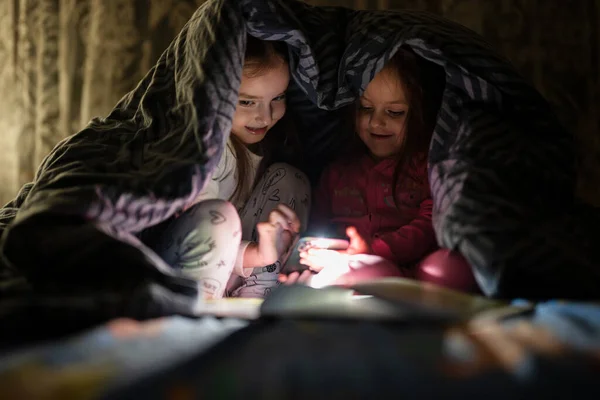 Two sisters watching movie or cartoon in smartphone together with blanket cover in bed at night home.