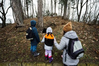 Mother and children walking in forest, noticed an animal burrow.