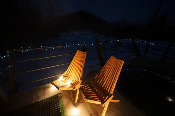Deux Chaises Terrasse Bois Chalet Nuit Scandinave — Photo