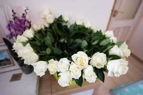 Białe Róże Bukiet Kwiatów Zielonej Doniczce Domu — Zdjęcie stockowe