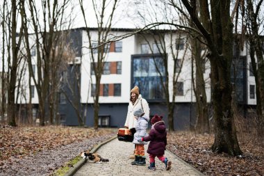 Mother and daughters walking with kitten in travel plastic cage carriage outdoor at park.