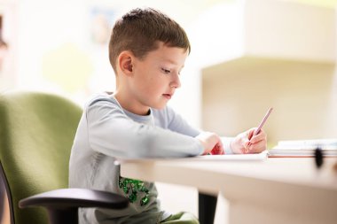 Kid boy studying at home and doing school homework, distance learning education , sitting at table.