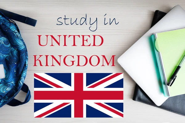 Studia Wielkiej Brytanii Tło Notatnikiem Laptopem Plecakiem Koncepcja Edukacji — Zdjęcie stockowe