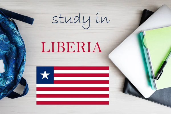 Studeren Liberia Achtergrond Met Notitieblok Laptop Rugzak Onderwijsconcept — Stockfoto