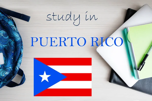 Estude Porto Rico Fundo Com Bloco Notas Laptop Mochila Conceito — Fotografia de Stock