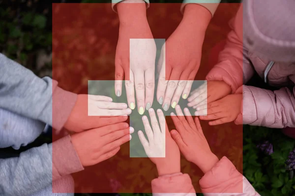 Hands Kids Background Switzerland Flag Swiss Patriotism Unity Concept — Stock Photo, Image