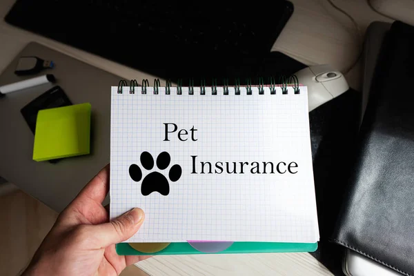 Pet insurance word on notebook holding man against desktop.
