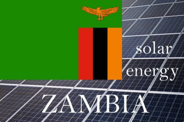 Zambiya bayraklı güneş enerjisi panelleri. Sürdürülebilir kaynaklar ve yenilenebilir zambiya enerji kavramı.