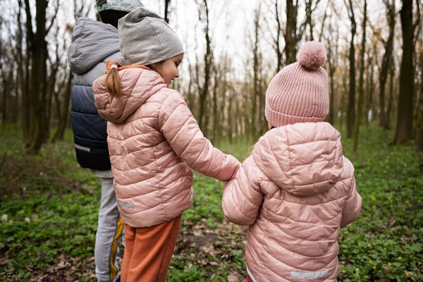 Visão Traseira Três Crianças Mãos Dadas Andando Trilha Floresta Conceito — Fotografia de Stock