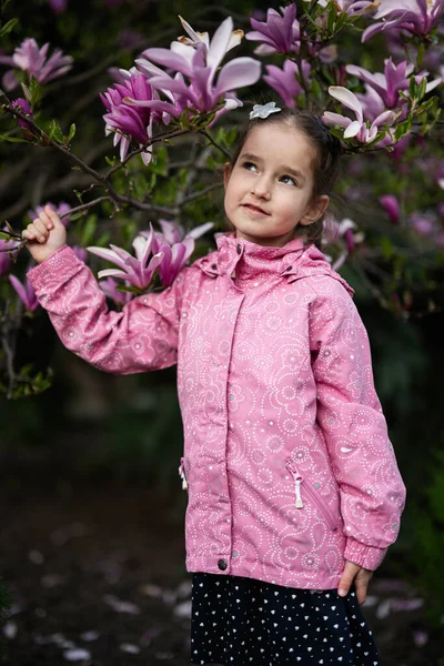 Дошкольница Розовой Куртке Наслаждается Прекрасным Весенним Днем Возле Цветущей Магнолии — стоковое фото