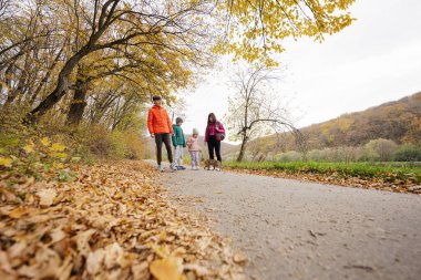 Anne ve çocuklar sonbahar ormanında yürüyüşe çıktılar..